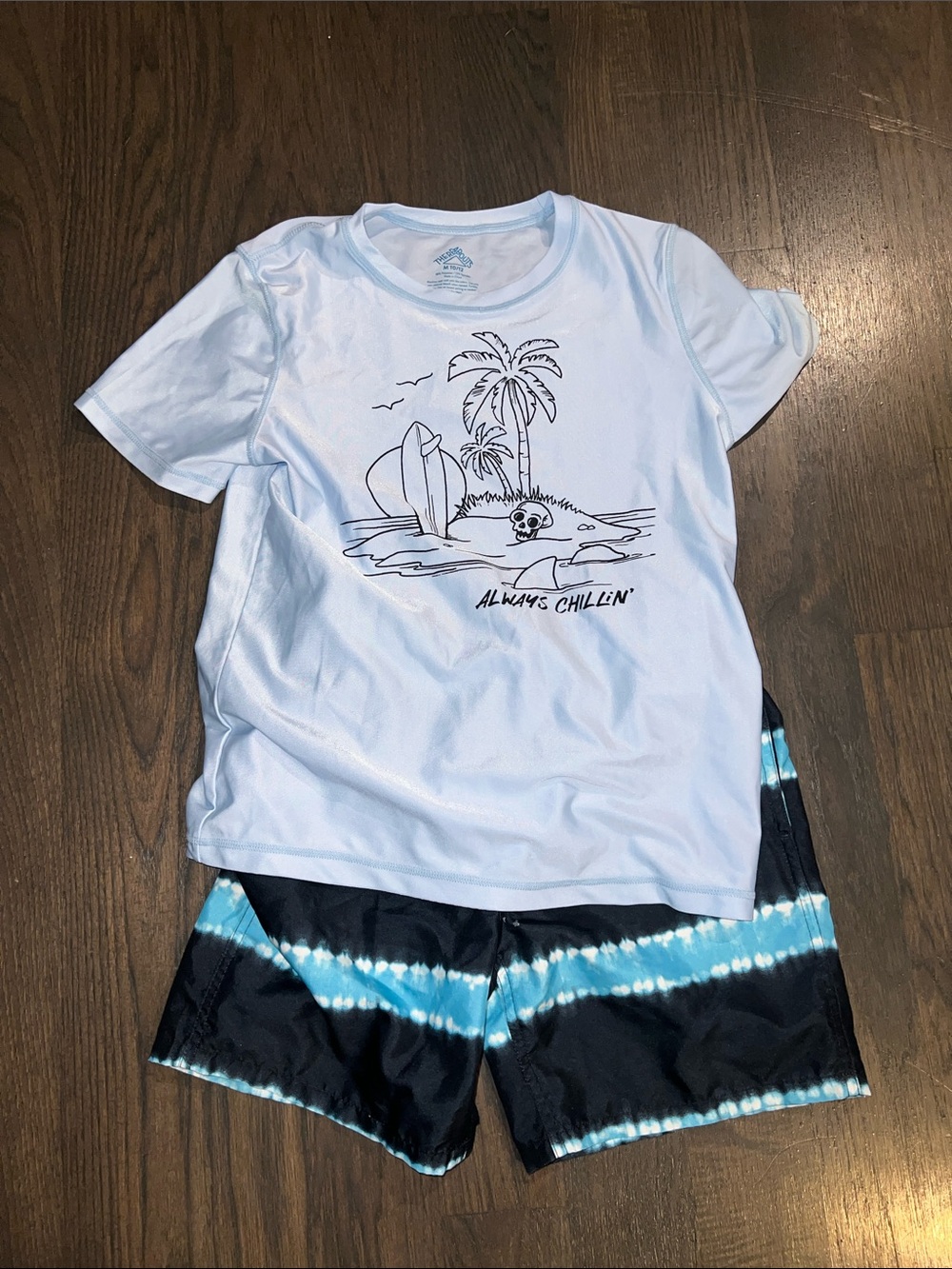 Boys 'Always Chillin' Graphic Rash Guard & Black Blue Tie-Dye Swim Shorts Set-M